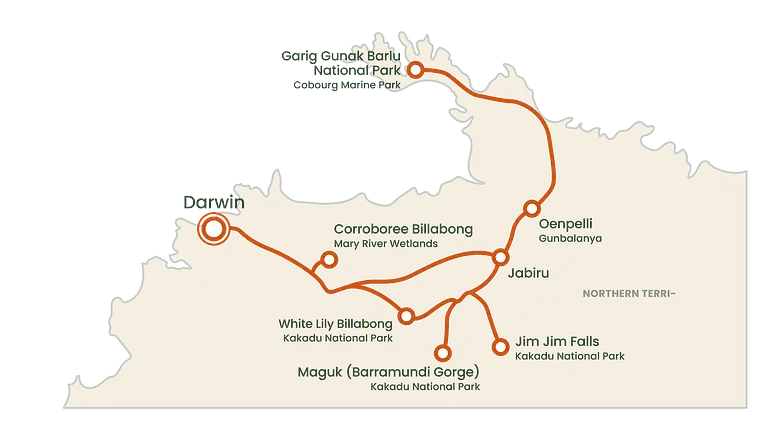 7 day Kakadu & Arnhem Land Tour route