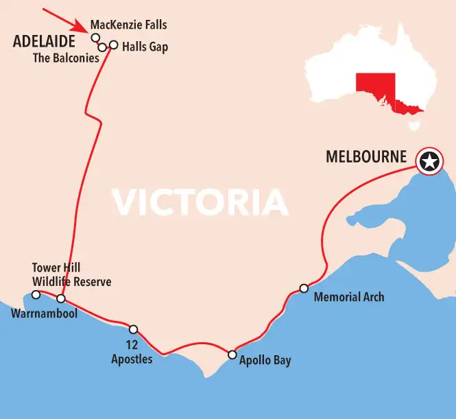 3 day Adelaide to Melbourne tour map